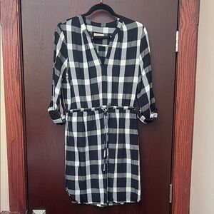 LOFT Black and White Plaid Drawstring Shirt Dress